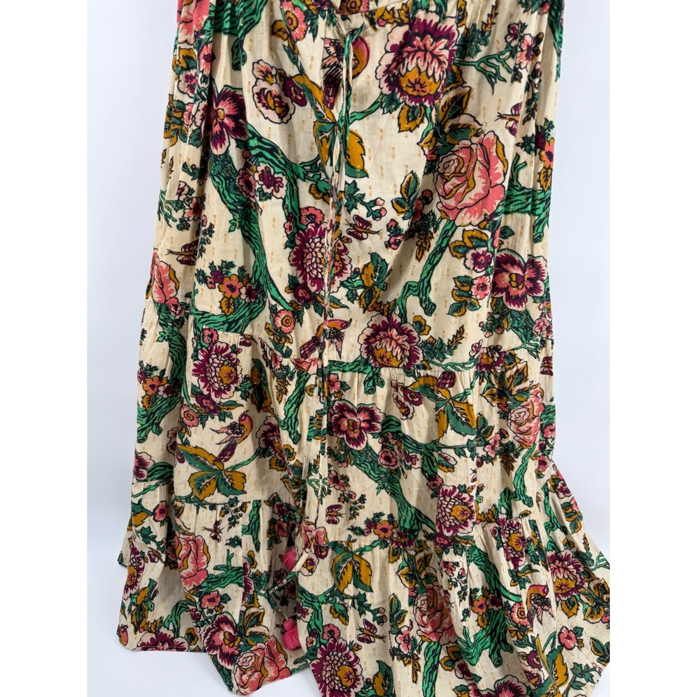 Figue Womens Floral Bird Print Tassel Ruffle Midi Dress Cream Gold Lurex Size M - Picture 5 of 8